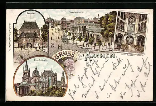 Lithographie Aachen, Pontthor, Elisenbrunnen und Dom, Südseite