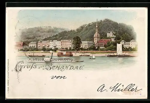 Lithographie Schandau, Dampfschiff auf Fluss vor der Stadt, Leuchtende Fenster
