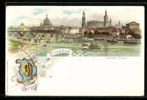 Lithographie Dresden, Blick auf die Altstadt, Wappen