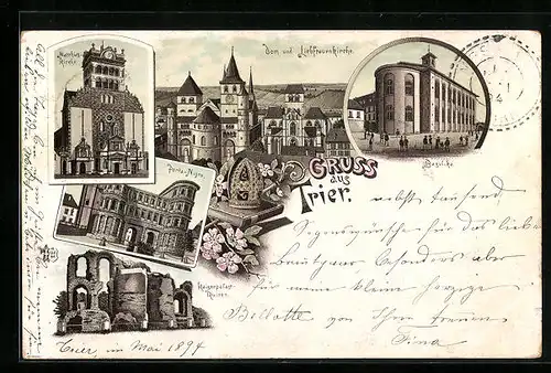 Lithographie Trier, Dom und Liebfrauenkirche, Basilika, Kaiserpalast-Ruinen