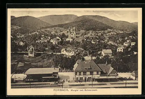 AK Forbach, Bahnhof der Ortschaft aus der Vogelschau