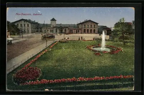 AK Nordhausen, Parkanlage mit Springbrunnen und Bahnhof