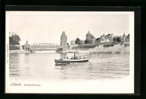 AK Lübeck, Kanalmündung mit Brücke und Dampfer