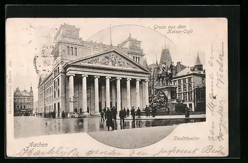 AK Aachen, Stadttheater und Reiterdenkmal mit Passanten