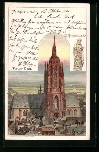 Lithographie Alt-Frankfurt, Kaiser-Dom, Statue St. Bartholomäus
