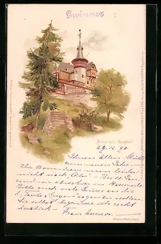 Lithographie Schierke, Burghotel, von unterhalb gesehen