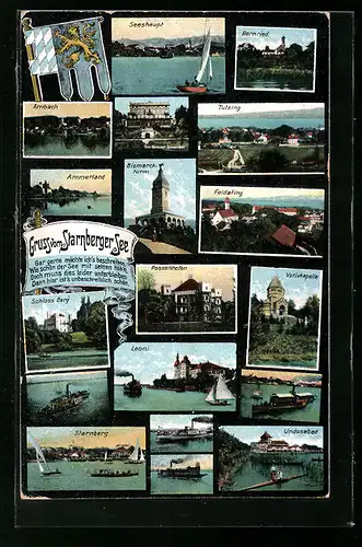 AK Ambach, Starnberger See, Ansichten diverser Orte, Wappen, rückseitig Karwendel-Panorama