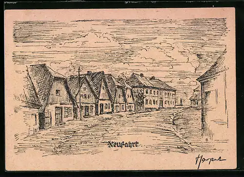 Künstler-AK Lemkenhafen a. Fehmarn, Strassenpartie Neufahrt