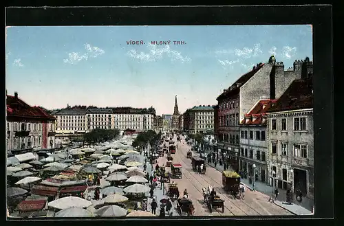 AK Wien, Marktstände und Strasse mit Strassenbahn