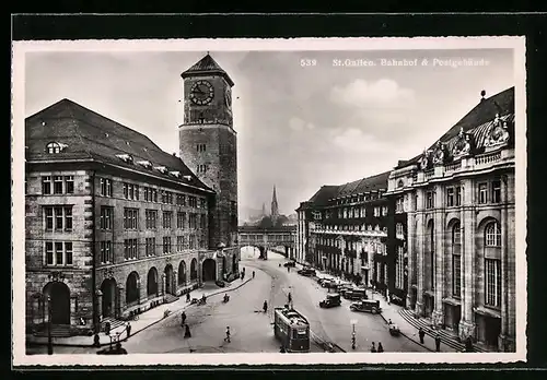 AK St. Gallen, Bahnhof und Postgebäude, Strassenbahn