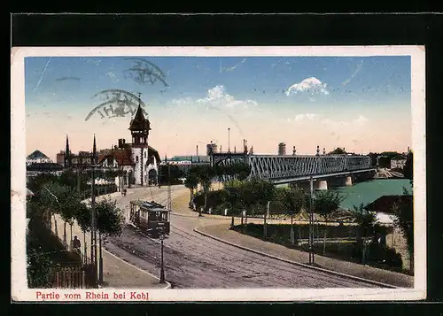 AK Kehl, Strassenbahn und Rheinbrücke