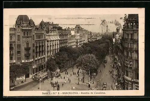 AK Barcelona, Rambla de Canaletas, Strassenbahn