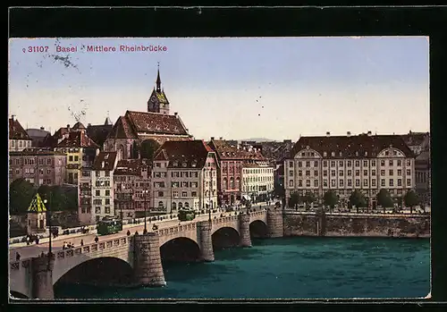 AK Basel, Strassenbahnen auf der Mittleren Rheinbrücke