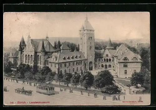 AK Zürich, Strassenbahn vor dem Landesmuseum aus der Vogelschau