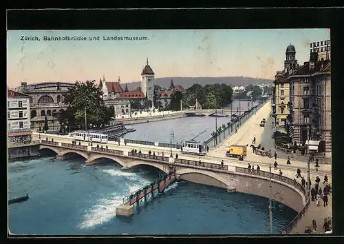 AK Zürich, Bahnhofbrücke mit Strassenbahnen am Landesmuseum