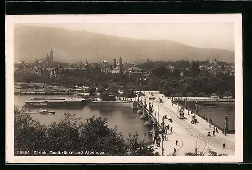 AK Zürich, Quaibrücke und Alpenquai, Strassenbahn