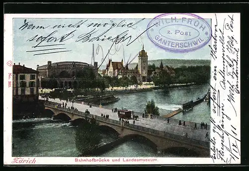 AK Zürich, Landesmuseum und Bahnhofbrücke mit Strassenbahn