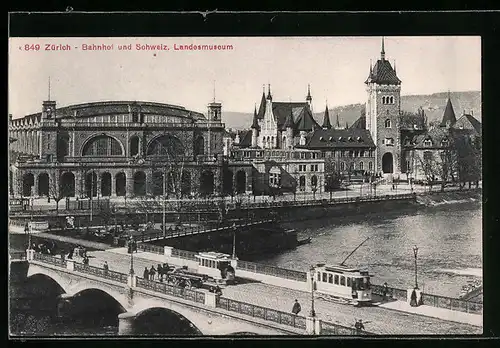 AK Zürich, Bahnhof und Landesmuseum, Strassenbahnen