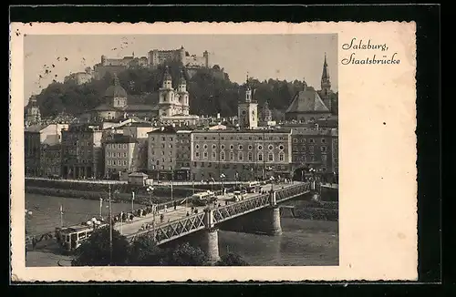 AK Salzburg, Staatsbrücke mit Strassenbahnen