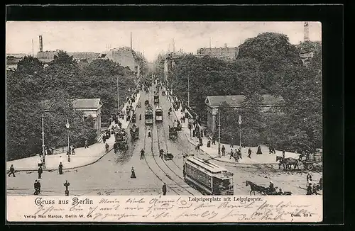 AK Berlin, Leipzigerplatz mit Leipzigerstrasse und Strassenbahnen