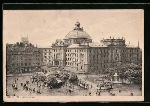 AK München, Justizpalast mit Strassenbahnen