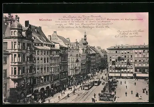 AK München, Marienplatz mit Kaufingerstrasse und Strassenbahnen