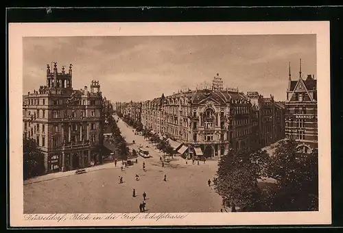 AK Düsseldorf, Graf Adolfstrasse mit Strassenbahn aus der Vogelschau, mit Hotel Hansa