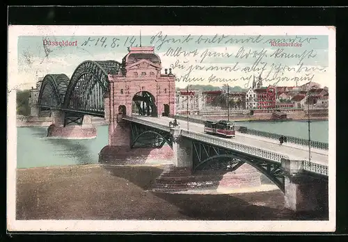 AK Düsseldorf, Rheinbrücke mit Strassenbahn