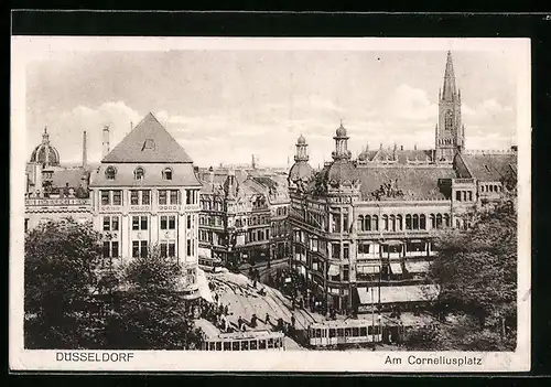AK Düsseldorf, Corneliusplatz mit Strassenbahnen aus der Vogelschau
