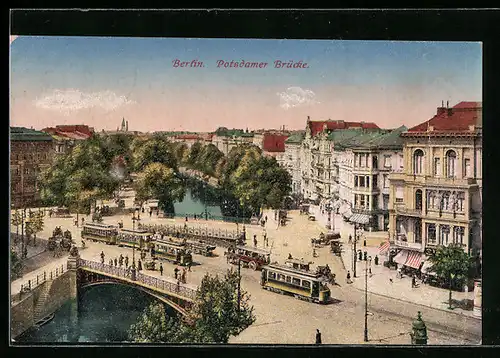 AK Berlin-Tiergarten, Strassenpartie mit Potsdamerbrücke und Strassenbahnen