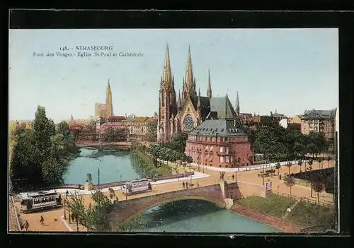 AK Strassbourg, Eglise St-Paul et Cathedrale, Strassenbahn