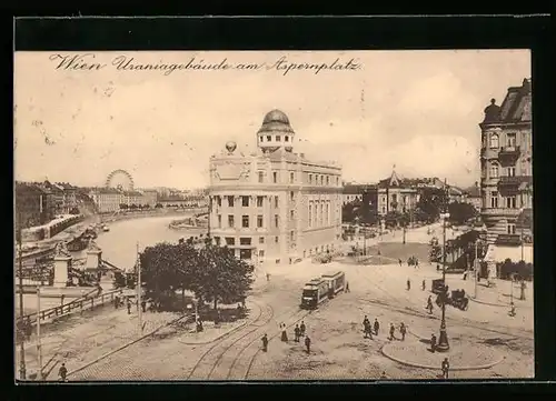 AK Wien, Uraniagebäude am Aspernplatz mit Strassenbahn aus der Vogelschau