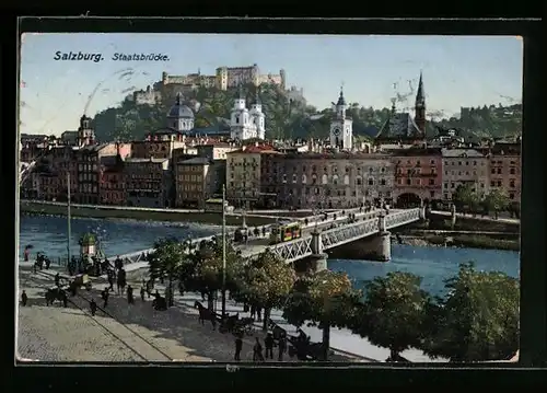 AK Salzburg, Staatsbrücke mit Strassenbahn
