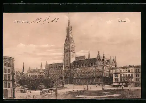 AK Hamburg, Rathaus mit Strassenbahnen
