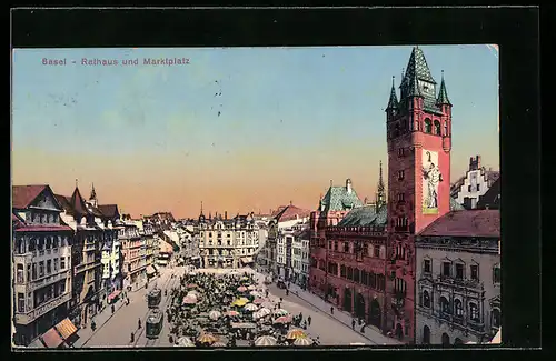 AK Basel, Rathaus und Marktplatz mit Strassenbahnen aus der Vogelschau