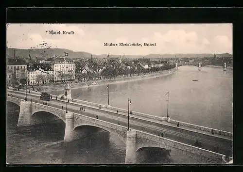 AK Basel, Mittlere Rheinbrücke mit Strassenbahn und Hotel Krafft