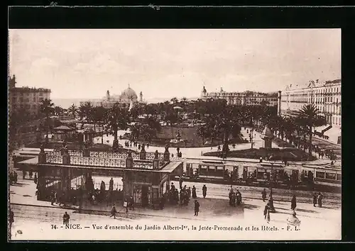 AK Nice, Vue d`ensemble du Jardion Albert Ier, la Jetée-Promenade et les Hotels, Strassenbahn