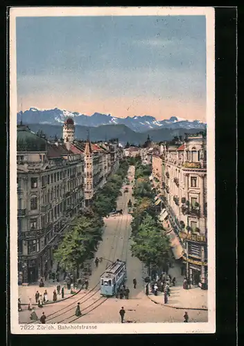 AK Zürich, Bahnhofstrasse mit Strassenbahn aus der Vogelschau