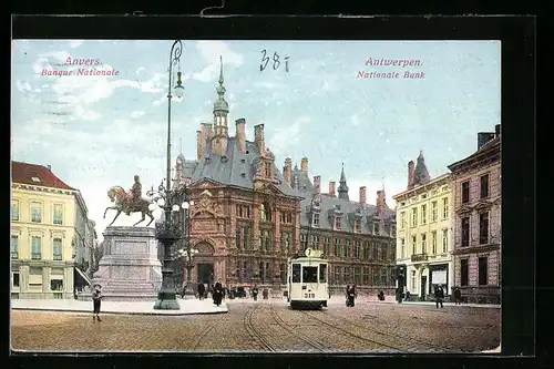 AK Anvers, Banque Nationale, Strassenbahn
