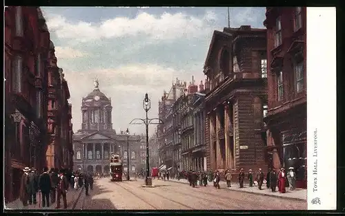 AK Liverpool, Town Hall, Strassenbahn