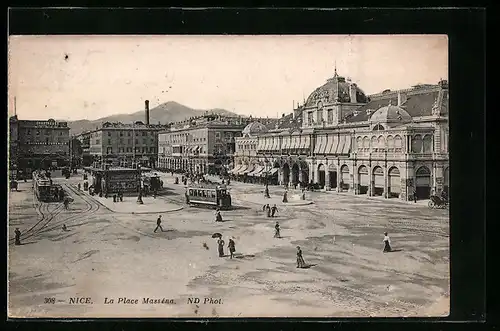 AK Nice, La Place Masséna, Strassenbahn