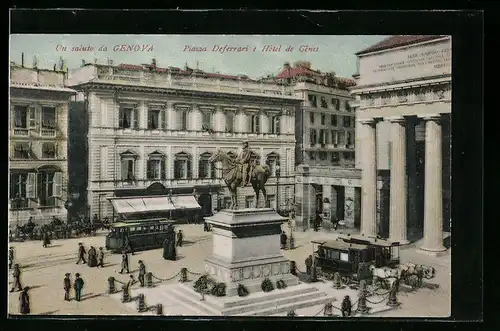 AK Genova, Piazza Deferrari e Hôtel de Gênes, Strassenbahn