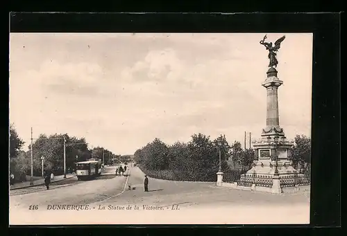 AK Dunkerque, La Statue de la Victoire, Strassenbahn