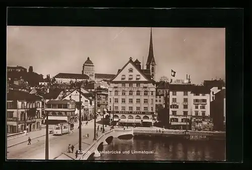 AK Zürich, Hotel Jura am Limmatquai mit Uraniabrücke und Strassenbahn