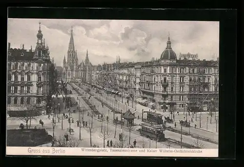 AK Berlin, Wittenbergplatz, Tauenzienstrasse und Kaiser Wilhelm-Gedächtniskirche mit Strassenbahn