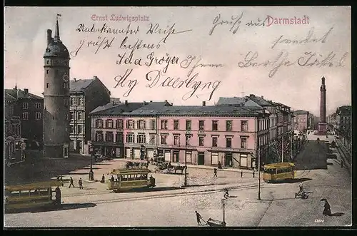 AK Darmstadt, Ernst Ludwigsplatz mit Strassenbahn, Im Hintergrund Ludwigsäule