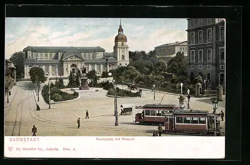 AK Darmstadt, Paradeplatz mit Museum und Strassenbahn