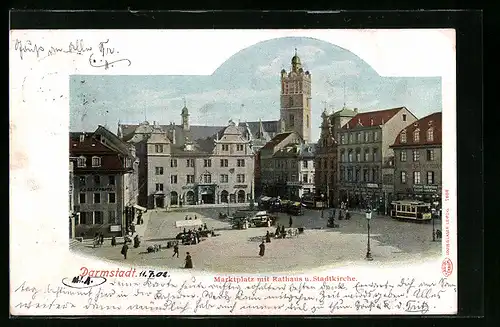 AK Darmstadt, Marktplatz mit Rathaus und Stadtkirche, Strassenbahn