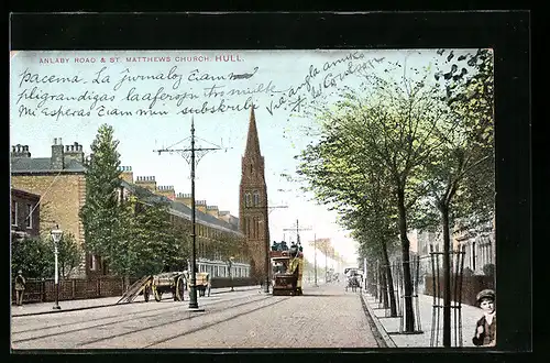 AK Hull, Anlaby Road & St. Matthews Church, Strassenbahn