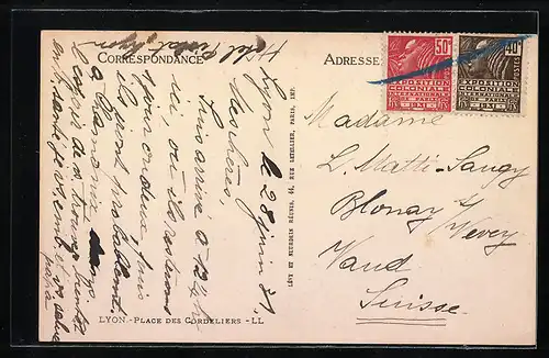 AK Lyon, Place des Cordeliers, Strassenbahn